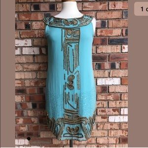 Single Brand Turquoise Silk Sequin & Bead Dress XS
